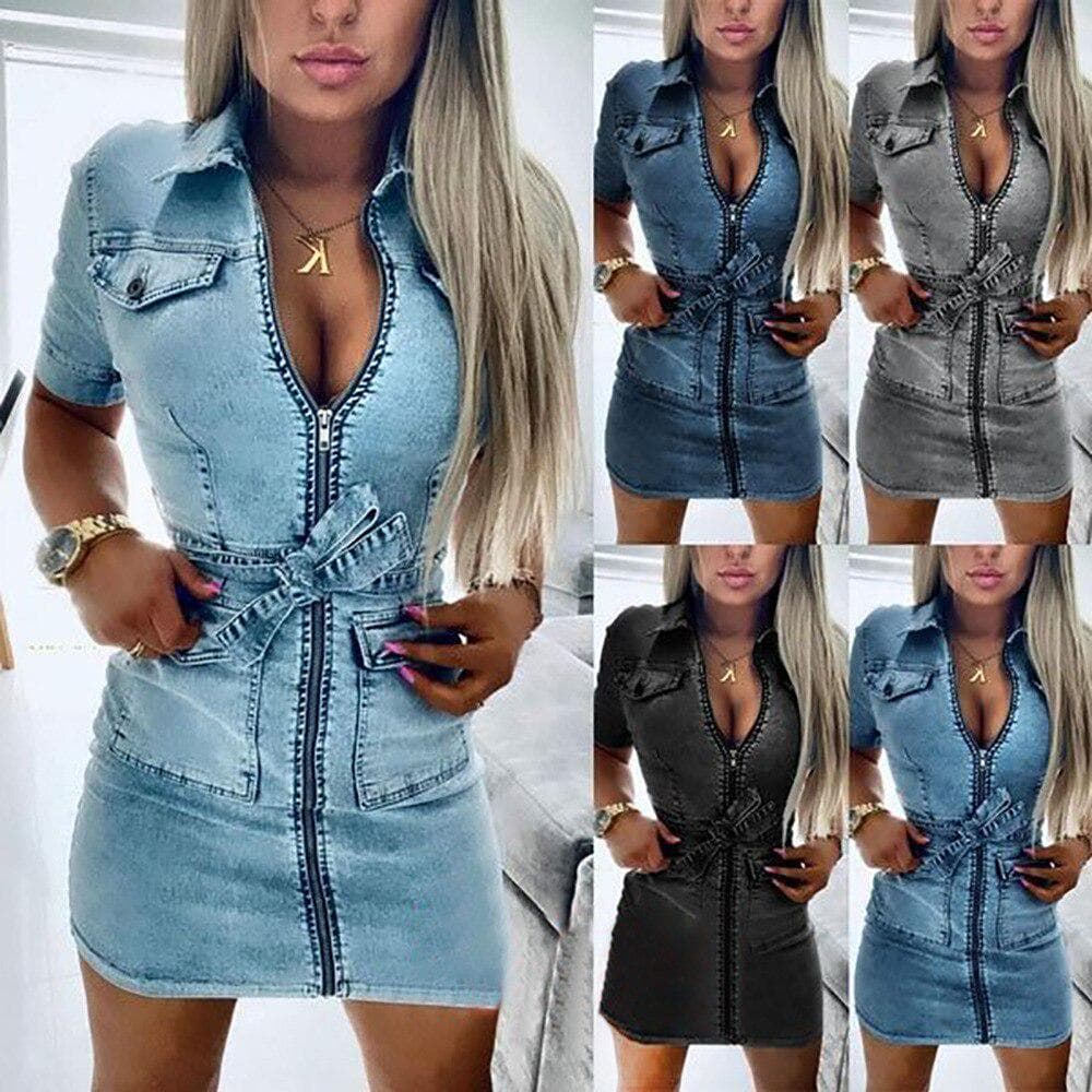 Damemote Kortermet denimkjole Front Glidelås Bandasje Jeans Bodycon Lommer Kjoler Dame Lapel Slim Mini Dress cm Grå