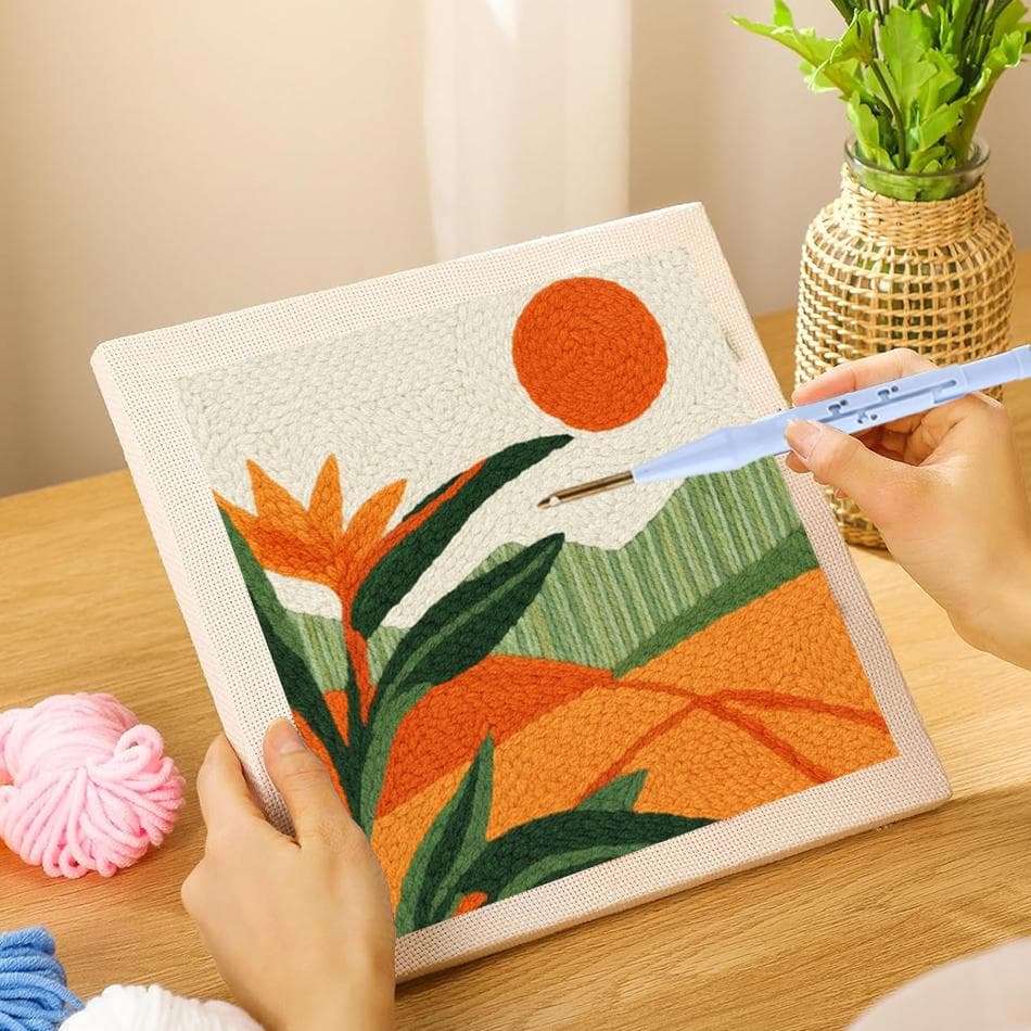 Gjør-det-selv stikkepunch-sett for nybegynnere, broderisett, teppe for startsett med håndverk, blomstermønster, DIY-gave til rommet