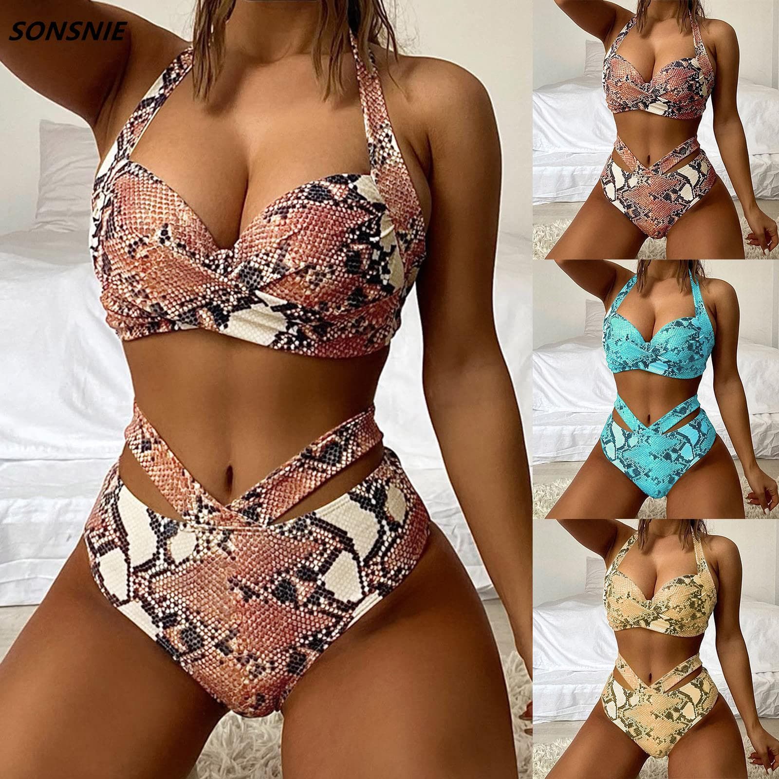 Sexy Snake Skin Bikini Grime Ruched Wrap Front Cross Høy midje Badedrakt Badetøy Dame Todelt Bikini sett Badedrakt cm