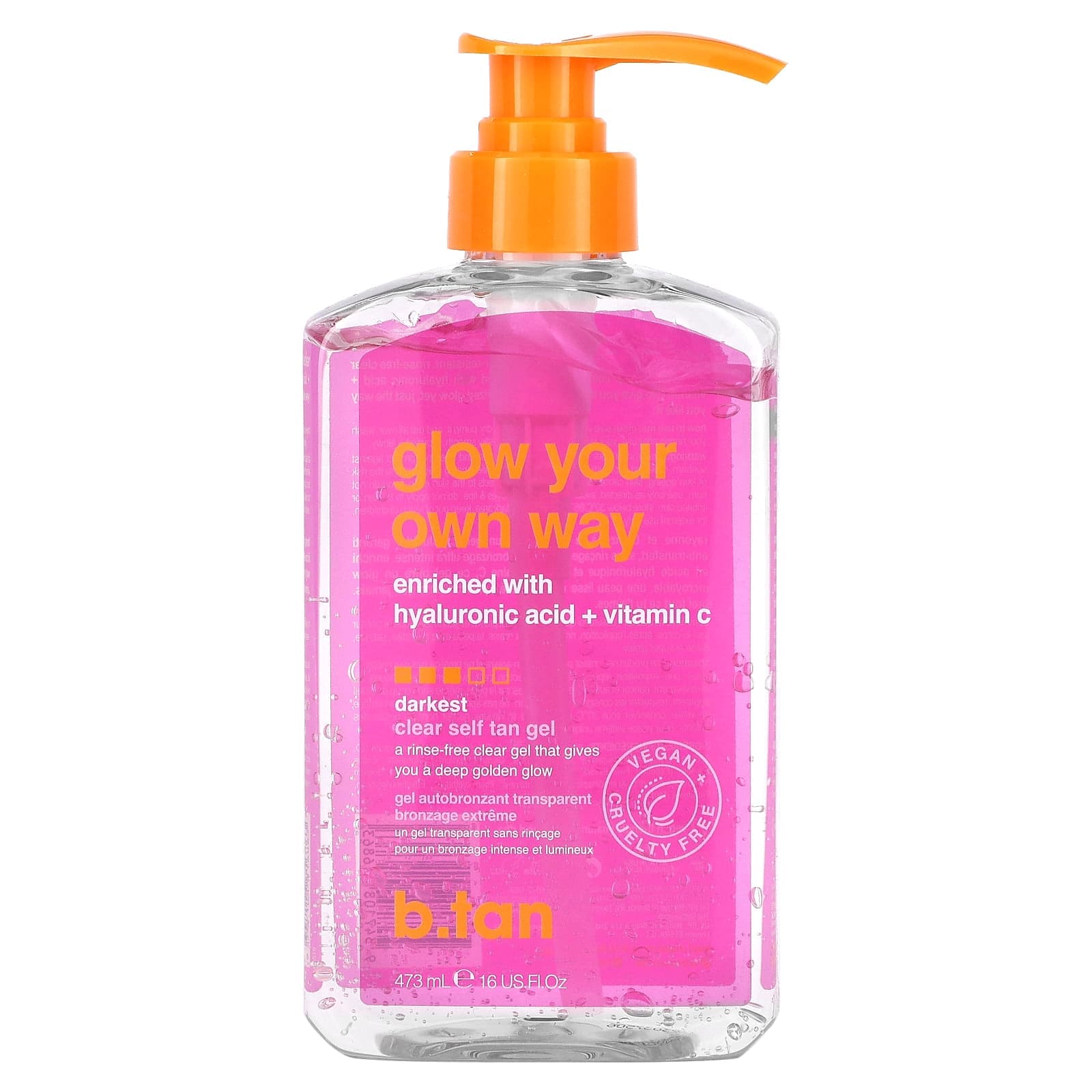 b.tan, Glow Your Own Way, Klar Selvbruningsgel, Mørkeste, 473 ml (16 fl oz)