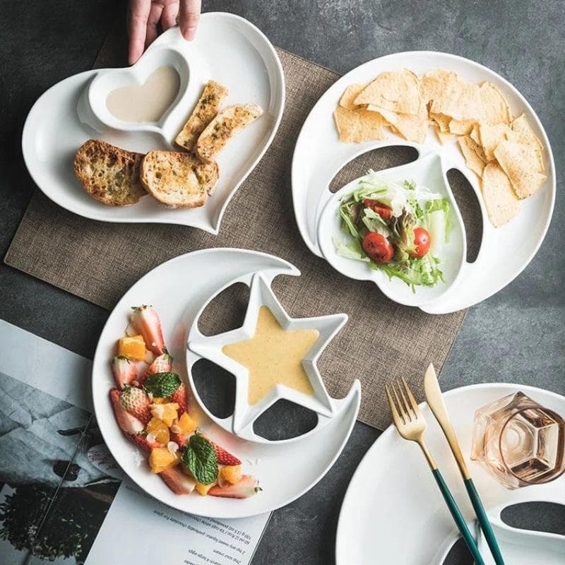 Keramisk Dumplingtallerken med Dippskål - Personlig Seksjonert Snacktallerken for Frokost & Forretter
