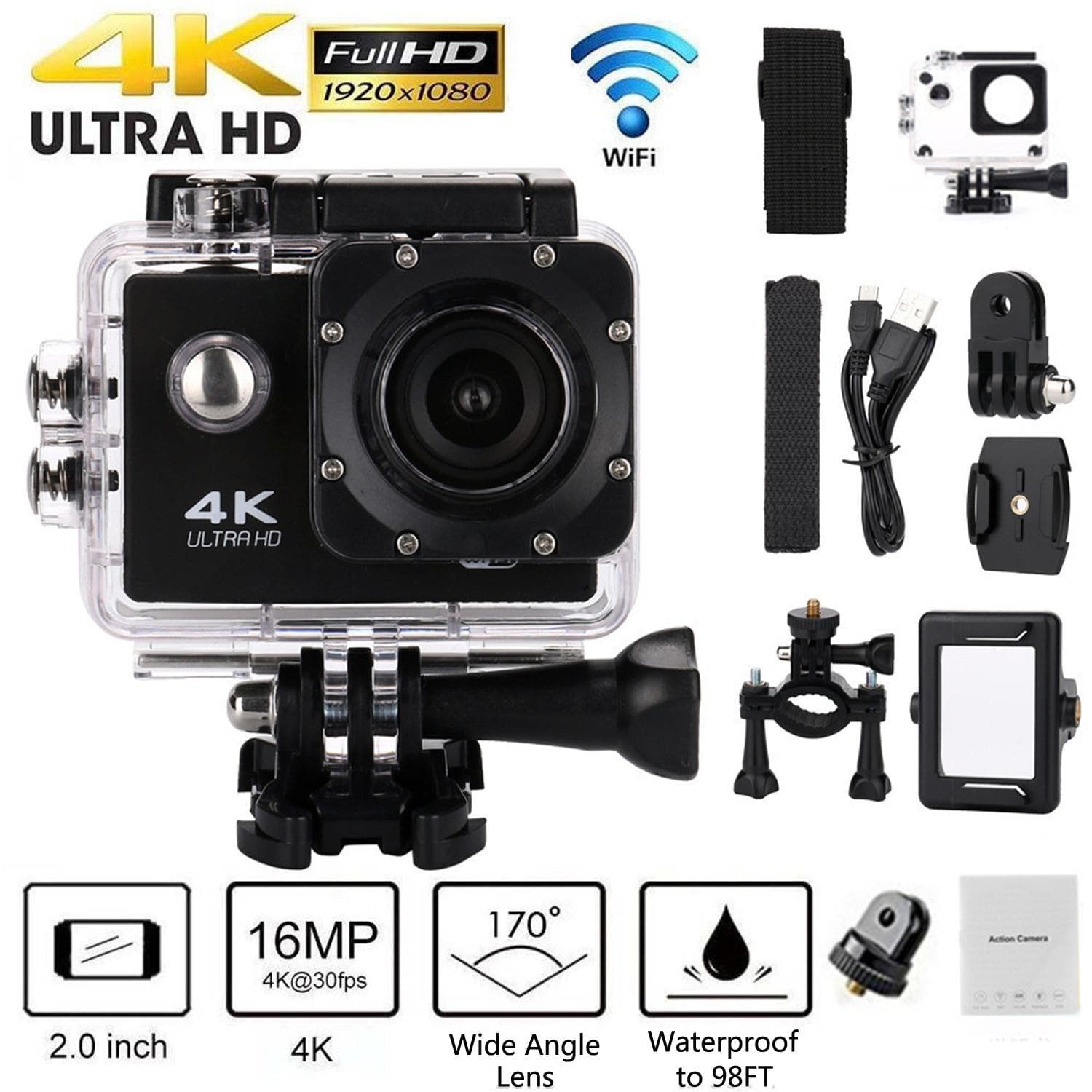 (SU)Nytt actionkamera Ultra HD 4K WiFi 2 tommer 170D undervanns vanntett hjelm Videoopptak Sport Cam Hvit