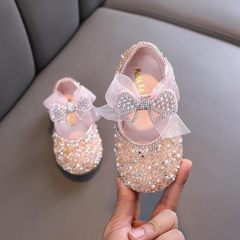 Barnesko med paljetter i skinn Jenter Prinsesse Rhinestone Sløyfe Enkeltsko Baby Barn Bryllupssko cm sølv