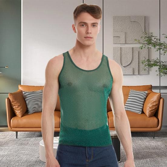 Herre-tanktopp i netting, ermeløs, glitrende, gjennomsiktig vest, avslappet, gjennomsiktig, muskel-T-skjorte for daglig bruk, treningsstudio, fitness