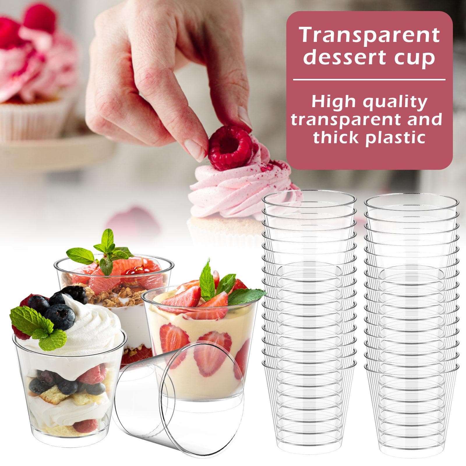 50 stk Dessertkopper 200 ml Runde Parfait Forrettskopper Plast Dessertkopp for Pudding Mousse Yoghurt Snacks Festrekvisitter