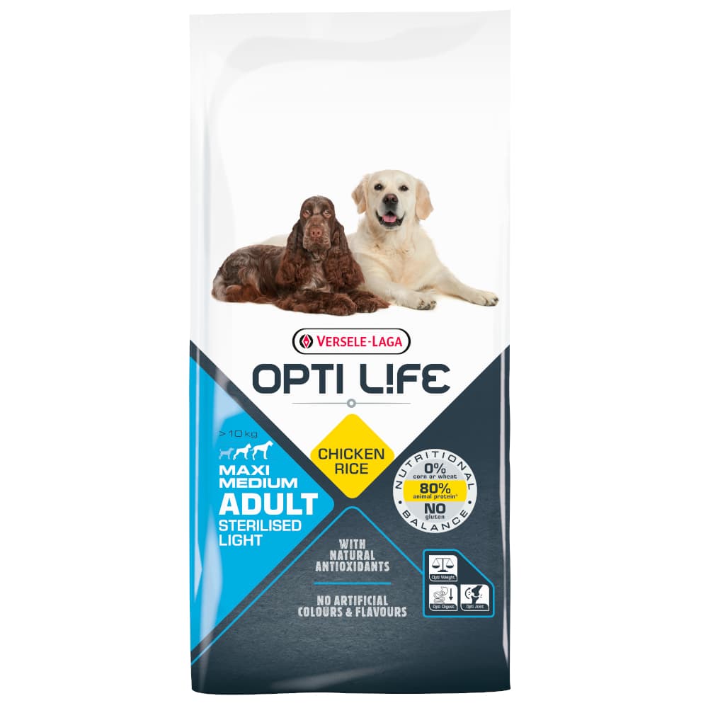 Opti Life-pakke 2 x 12,5 kg - Sterilisert Light Medium & Maxi for voksne
