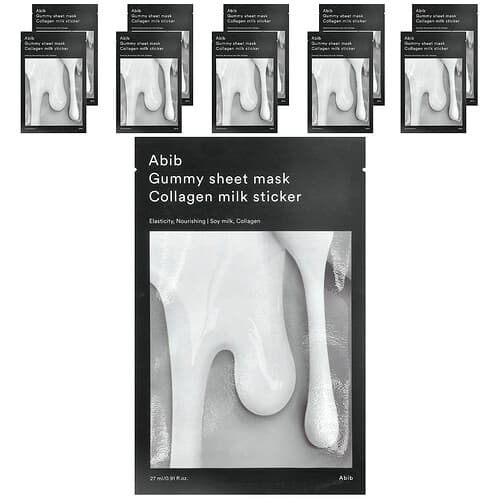 Abib, Gummy Beauty Sheet Mask, kollagenmelkklistremerke, 10 ark, 27 ml per stk.
