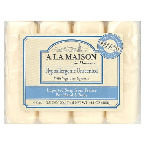 A La Maison de Provence, Hånd- og kroppssåpe, hypoallergen uparfymert, 4 barer, 3,5 oz (100 g) hver