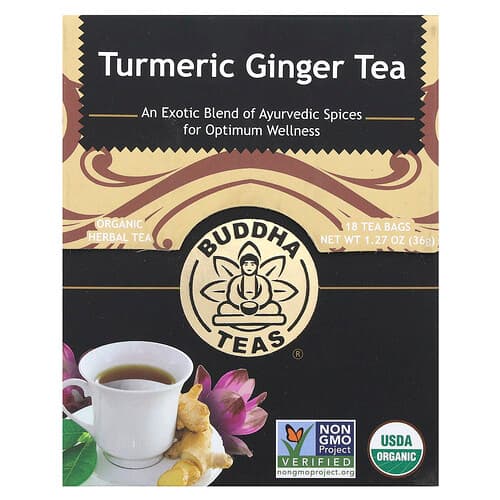 Buddha Teas, Økologisk urtete, gurkemeie ingefær, koffeinfri, 18 teposer, 1.27 oz (36 g)