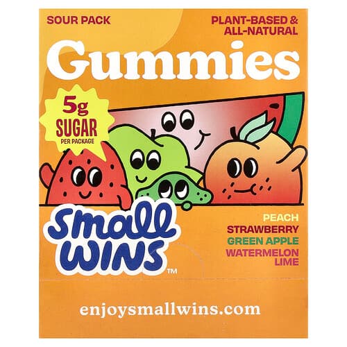 Enjoy Small Wins, Gummies, surpakke, fersken, jordbær, grønt eple, vannmelon-lime, 6 pakker, 50 g per stk.