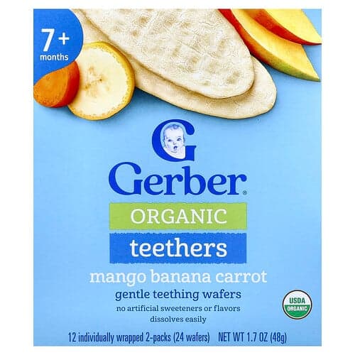 Gerber, Økologiske biteringer, skånsomme biteringskiver, 7+ måneder, mango-banan-gulrot, 12 individuelt innpakkede 2-pakninger, 0,14 oz (4 g) per