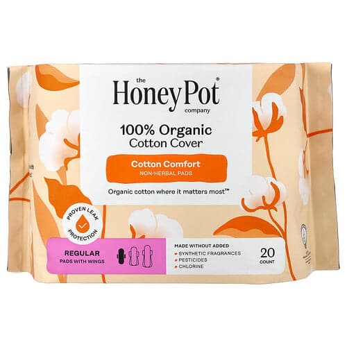 The Honey Pot Company, 100 % økologisk bomullstrekk, urtefrie bind med vinger, vanlige bind, 20 stk.