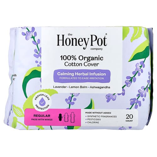 The Honey Pot Company, Økologisk beroligende urteinfusjon, pads med vinger, vanlig, 20 stk.