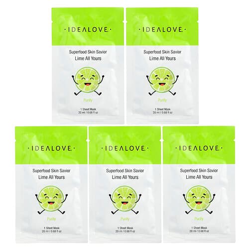 Idealove, Supermat Skin Savior, Lime All Yours, 5 skjønnhetsmasker, 0,68 fl oz (20 ml) hver