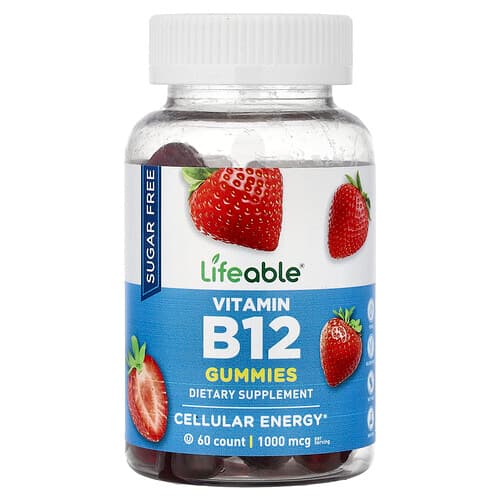 Lifeable, Vitamin B12-vingummier, sukkerfrie, jordbær, 60 gummier (500 mcg per gummi)