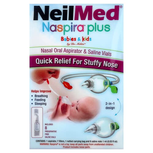 NeilMed, Naspira® Plus, neseaspirator og saltvannsampuller, babyer og barn, sett med 17 deler