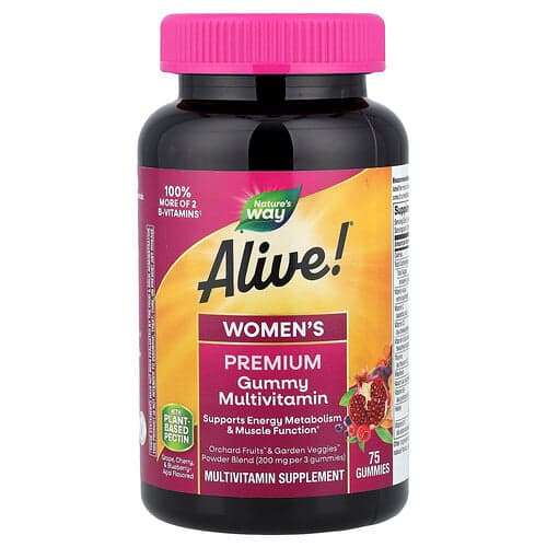 Nature's Way, Levende! Premium gummiaktig multivitamin, drue, kirsebær og blåbær acai, 75 vingummier for kvinner