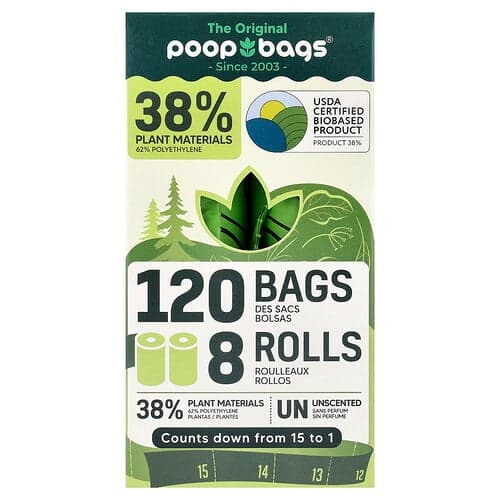 Original Poop Bags, Uparfymert, 8 ruller, 15 poser hver