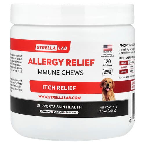 StrellaLab, Allergilindring, Immune Chews, For hunder, Bacon, 120 myke tygger, 9.3 oz (264 g)