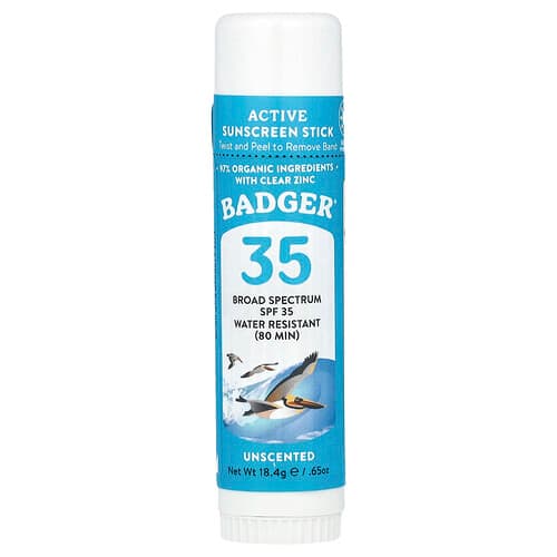 Badger, Aktiv solkrempinne, SPF 35, uparfymert, 0,65 oz (18,4 g)