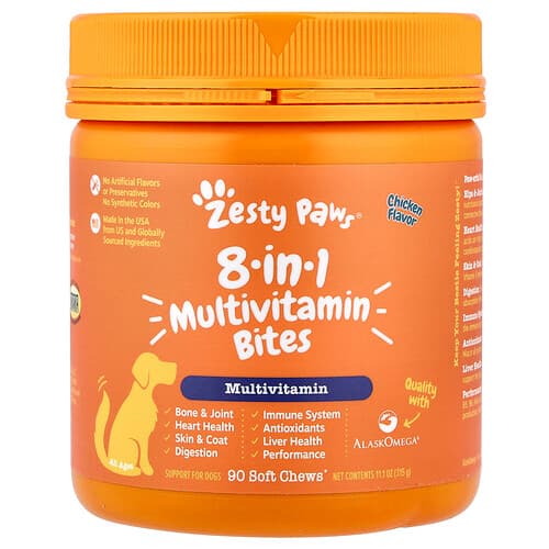 Zesty Paws, 8-i-1 multivitaminbiter, for hunder, alle aldre, kylling, 90 myke tyggetabletter, 315 g