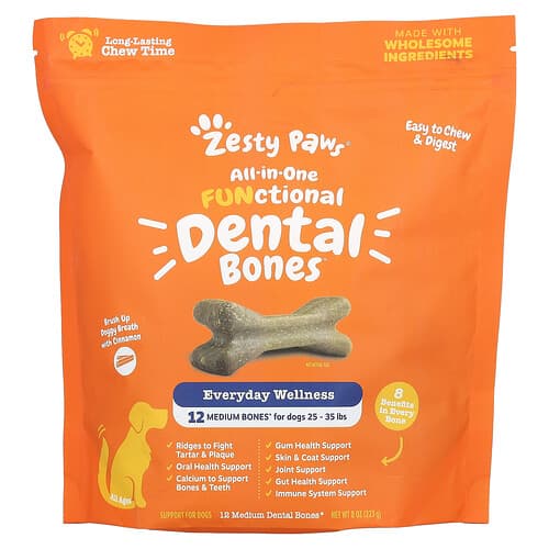 Zesty Paws, Alt-i-ett funksjonelle tannbein, for hunder, alle aldre, kanel, 12 mellomstore tannbein, 8 oz (227 g)