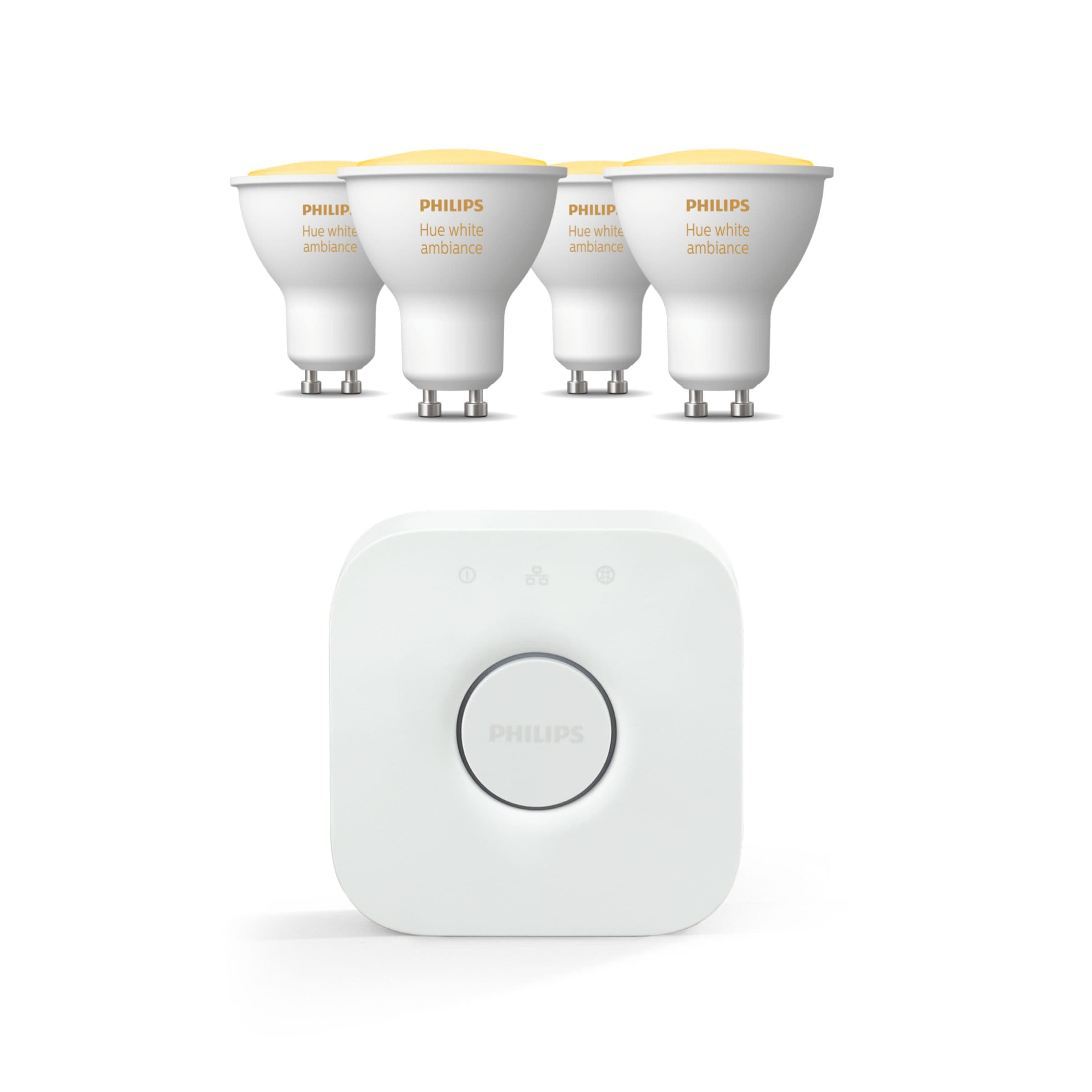 Philips Pakke: 4 White Ambiance Gu10 + Hue Bridge