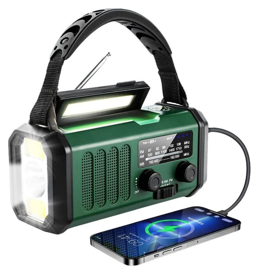 Lippa FM n??dradio med h??ndsveiv, solcellepanel, kompass og powerbank (USB-C, 10 000 mAh) ??? Gr??nn