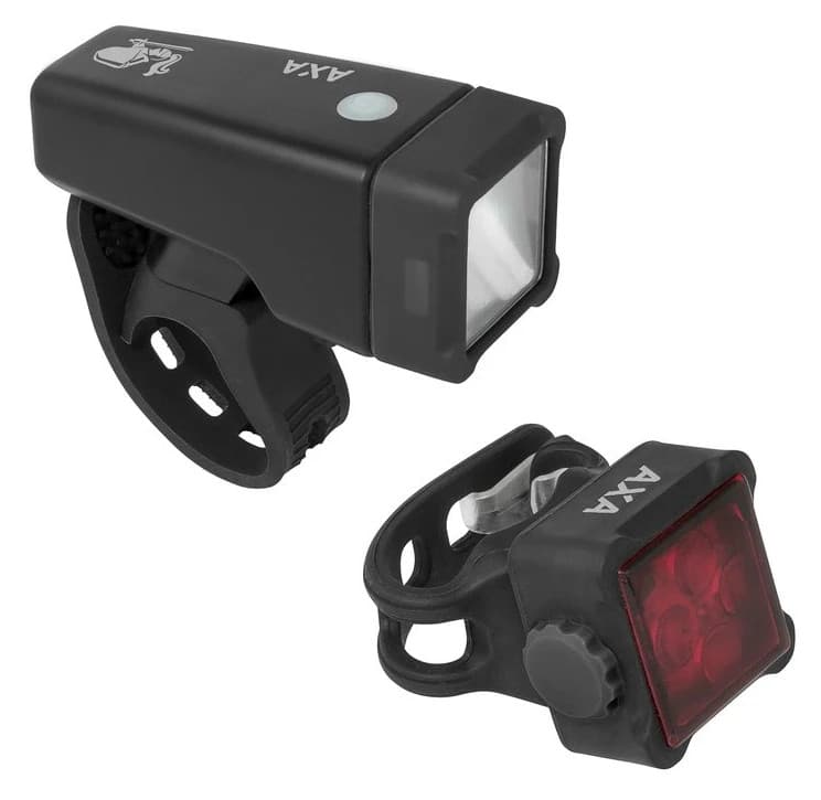 AXA Niteline T4-R Sykkellyktsett - 1 LED frontlykt, 4 LED baklykt, USB-lading, 5/6 timers driftstid - Svart
