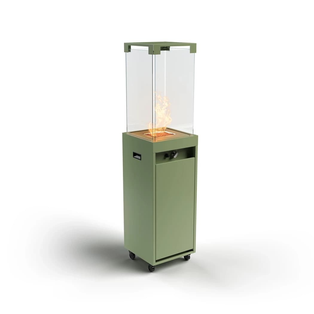 Planika Fires Faro Pale Green – Utendørs gasspeis – Terrassevarmer med glasssider – 8 kW – Justerbar flamme