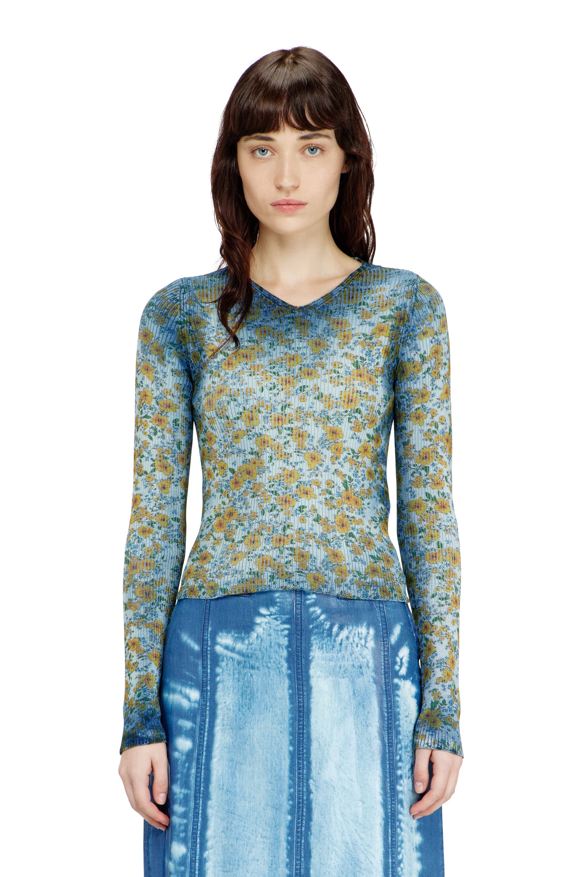 Diesel - Rib-knit top with floral X-ray effect - T-Shirts - Woman - Blue