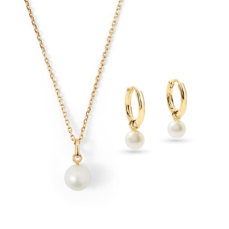 Aspinal of London Pearl Pendant Necklace & Huggie Earrings Set in 18ct Gold Vermeil
