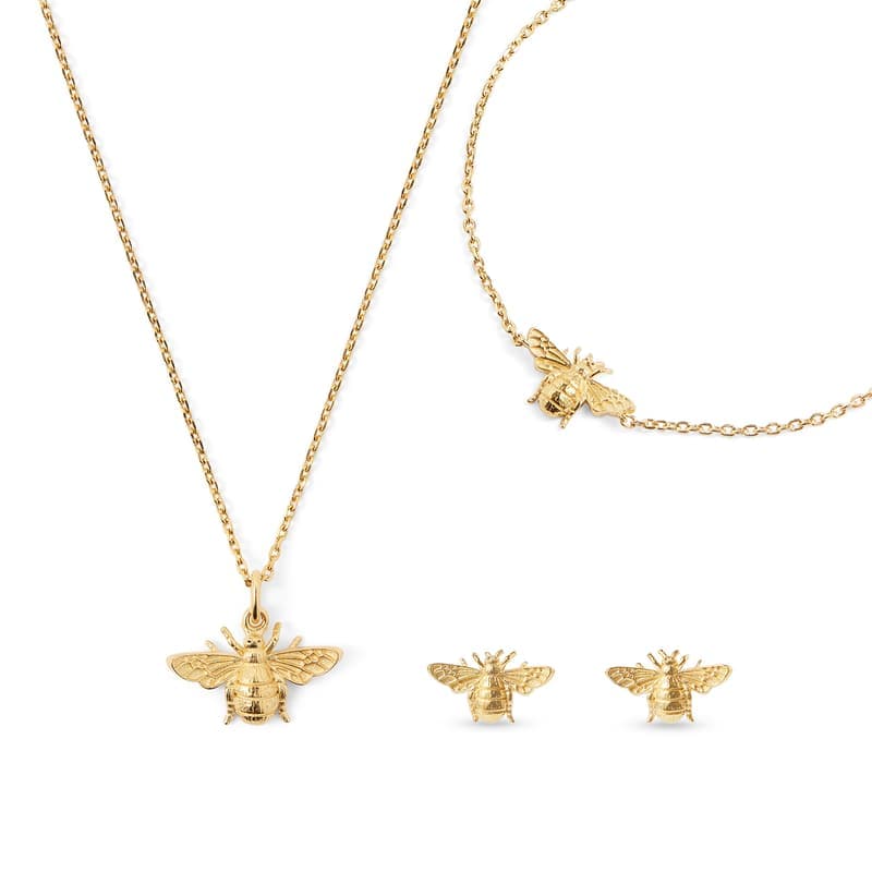 Aspinal of London Bee Charm Necklace, Bracelet & Stud Earrings Set in 18ct Gold Vermeil