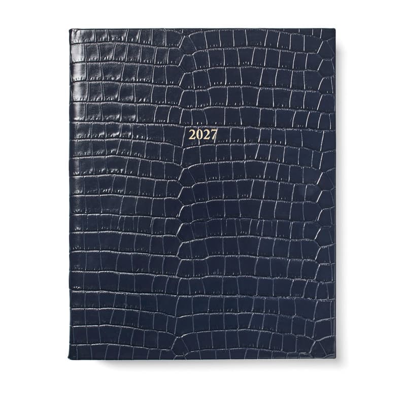 Aspinal of London 2027 A4 Week to View Diary in Deep Shine Navy Small Croc