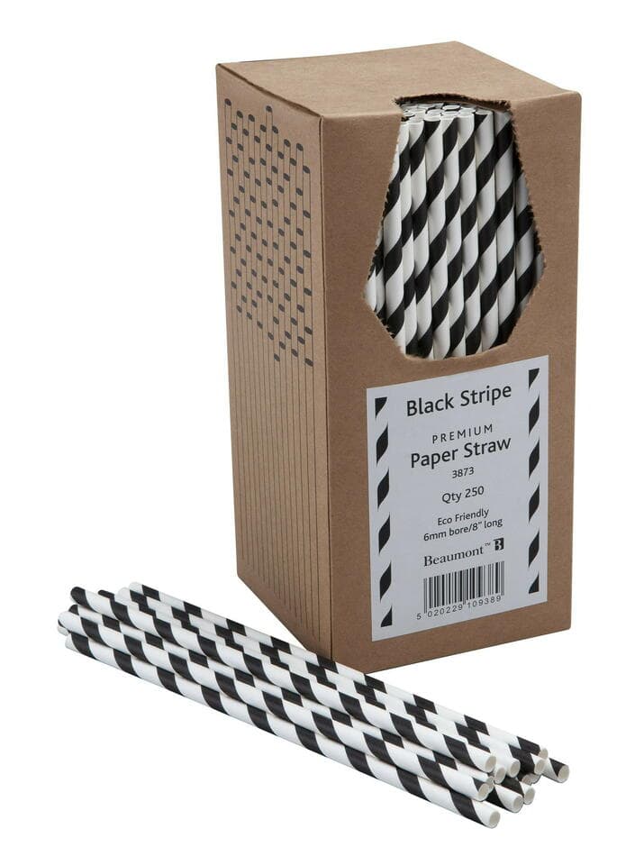 Papirsugerør 20cm 6mm - Sort & Hvid Stribet Pk 250