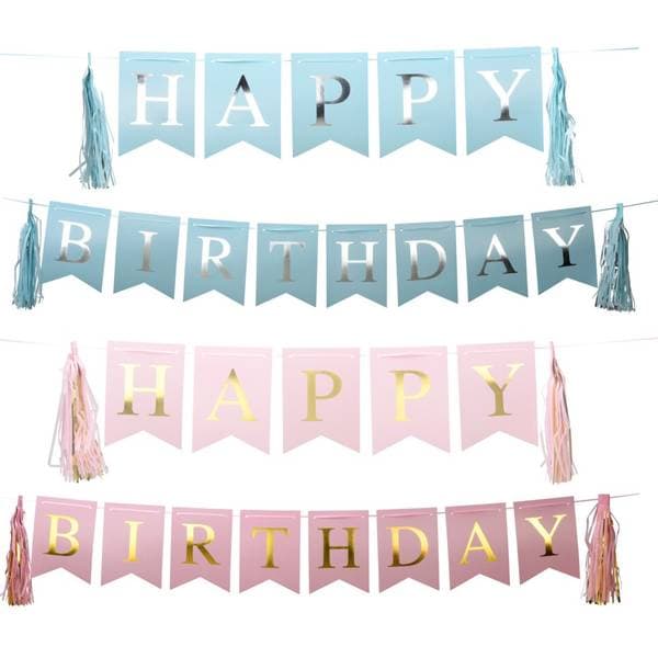 Happy Birthday Flaggbanner Rosa/Blå 3m