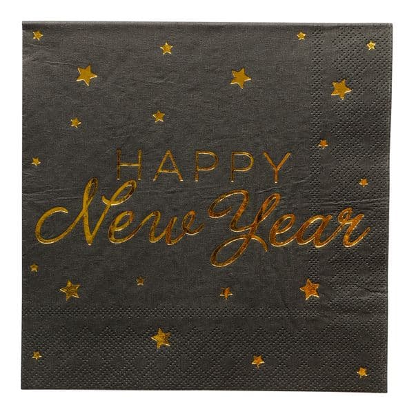 Sorte Servietter med Gulltekst Happy New Year | 16stk | 3-lags