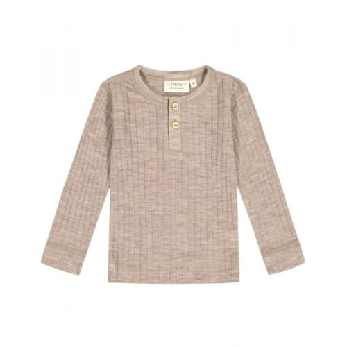Ribbestrikket Langermet T-skjorte Med Knapper Foran I 100 % Merinoull, Oeko-tex® Beige Melange 80