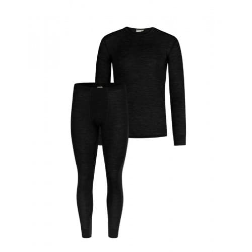 Herresett I Merinoull - Langermet T-skjorte & Longjohns, 1x1 Rib Black S