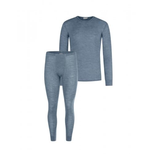 Herresett I Merinoull - Langermet T-skjorte & Longjohns, 1x1 Rib Blue Mélange M