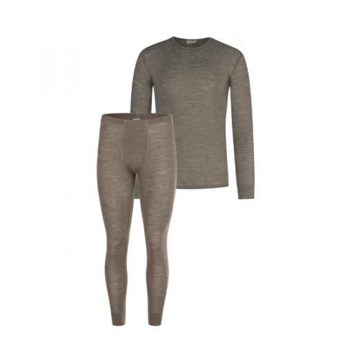 Herresett I Merinoull - Langermet T-skjorte & Longjohns, 1x1 Rib Light Brown Melange M