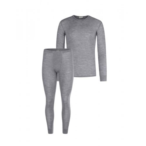 Herresett I Merinoull - Langermet T-skjorte & Longjohns, 1x1 Rib Grey Melange S
