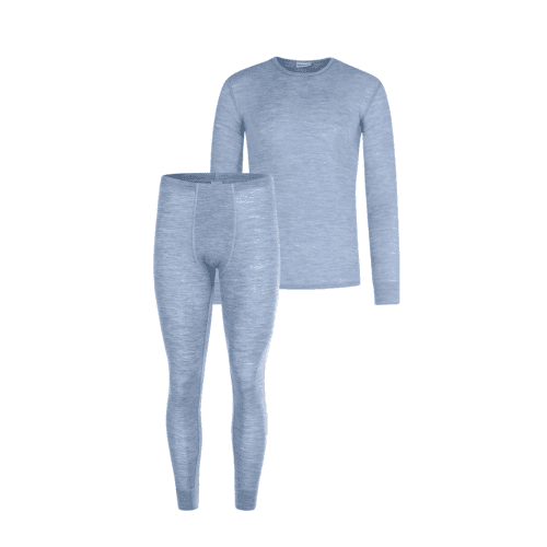 Herresett I Merinoull - Langermet T-skjorte & Longjohns, 1x1 Rib S Light Blue Melange