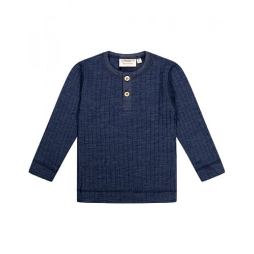 Ribbestrikket Langermet T-skjorte Med Knapper Foran I 100 % Merinoull, Oeko-tex® Navy Melange 86