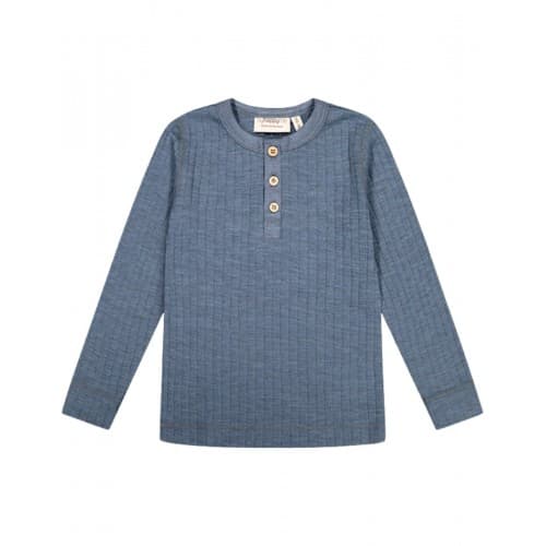 Langermet T-skjorte Med Granddad-knapper, Dropneedle-strikk, 100% Merinoull, Oeko-tex® 98/104 Blue Mélange