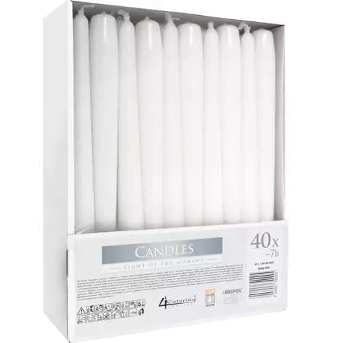 Hvite kjeglelys 24,5 cm - 40-pakning med 7 timers brenntid