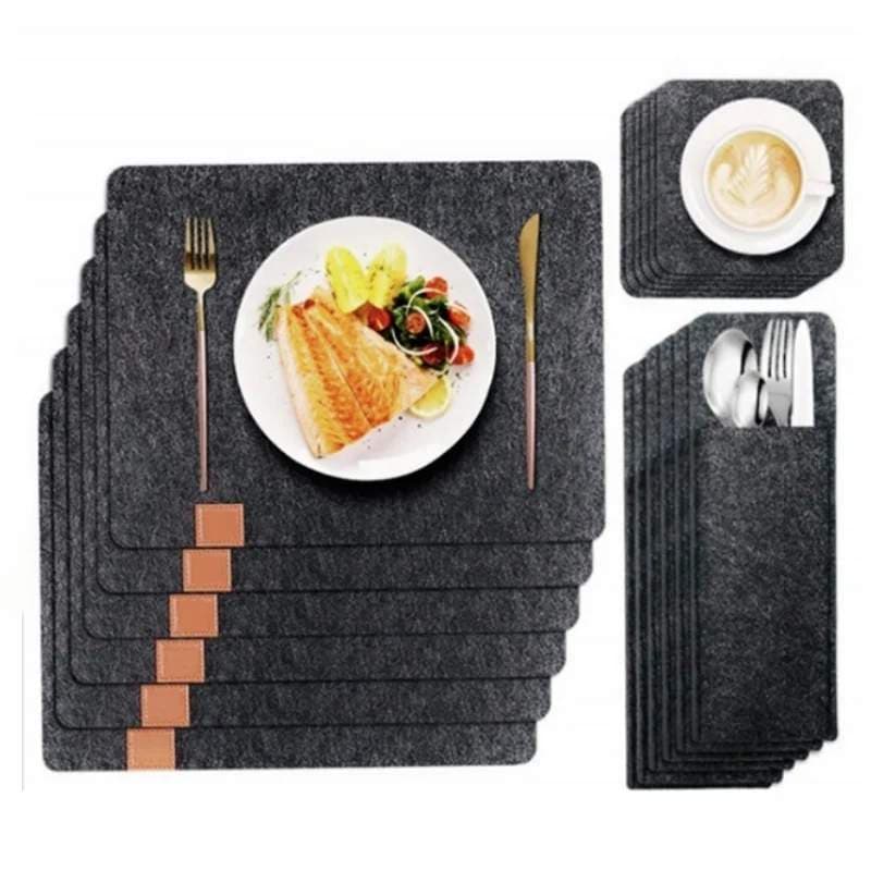 Herzberg HG-04203: 18 deler naturlig filt spisebord dekkematte, bestikkpose og bordsett