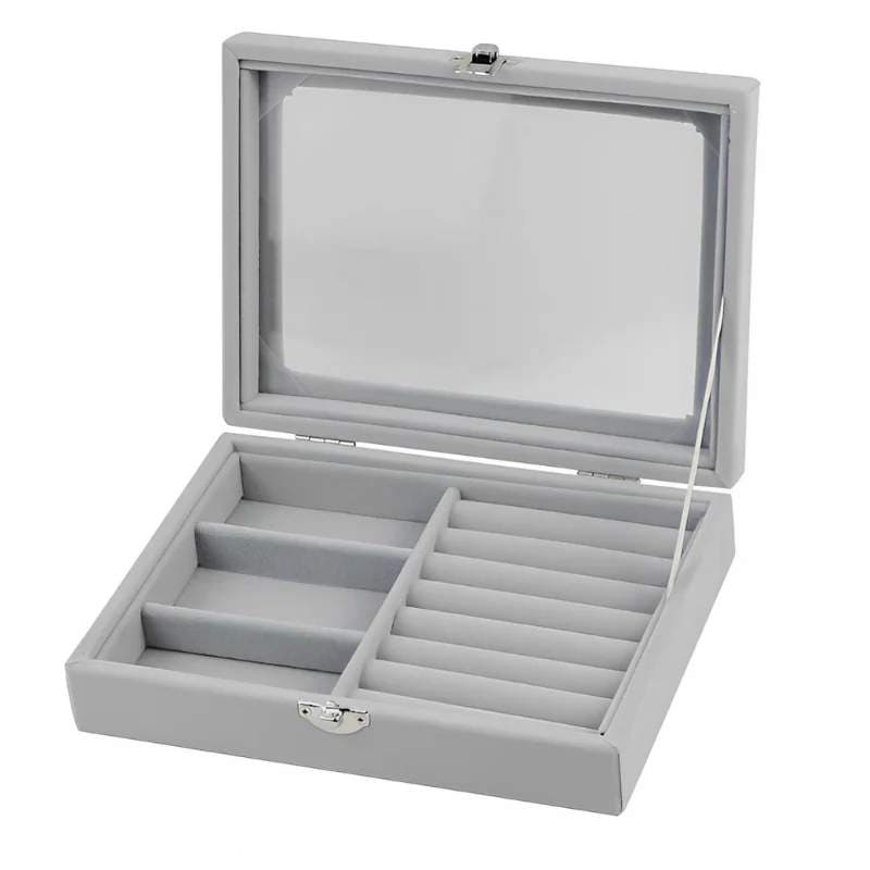 Herzberg HG-05330: Fløyelssmykkeholder med glasslokk, 3 gitter + 7 ringspor