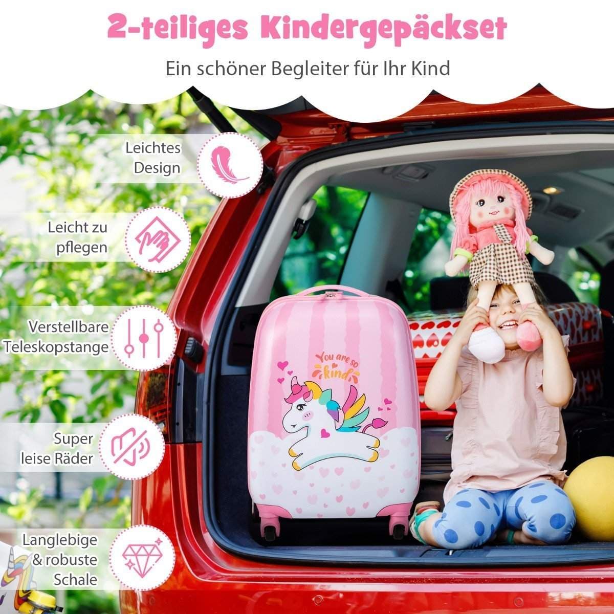 Koffertsett 2 deler enhjørning 16'' barnekoffert + 12'' ryggsekk rosa