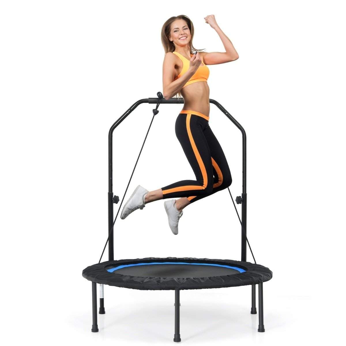 Ø101 cm trampoline med 2 motstandsbånd mini trampoline med høydejusterbart håndtak svart + blå